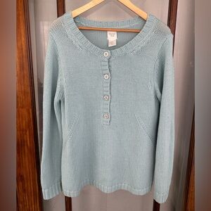 Garnet Hill Large Light Blue Chunky Knit 4 Button Pullover Sweater 100% Wool